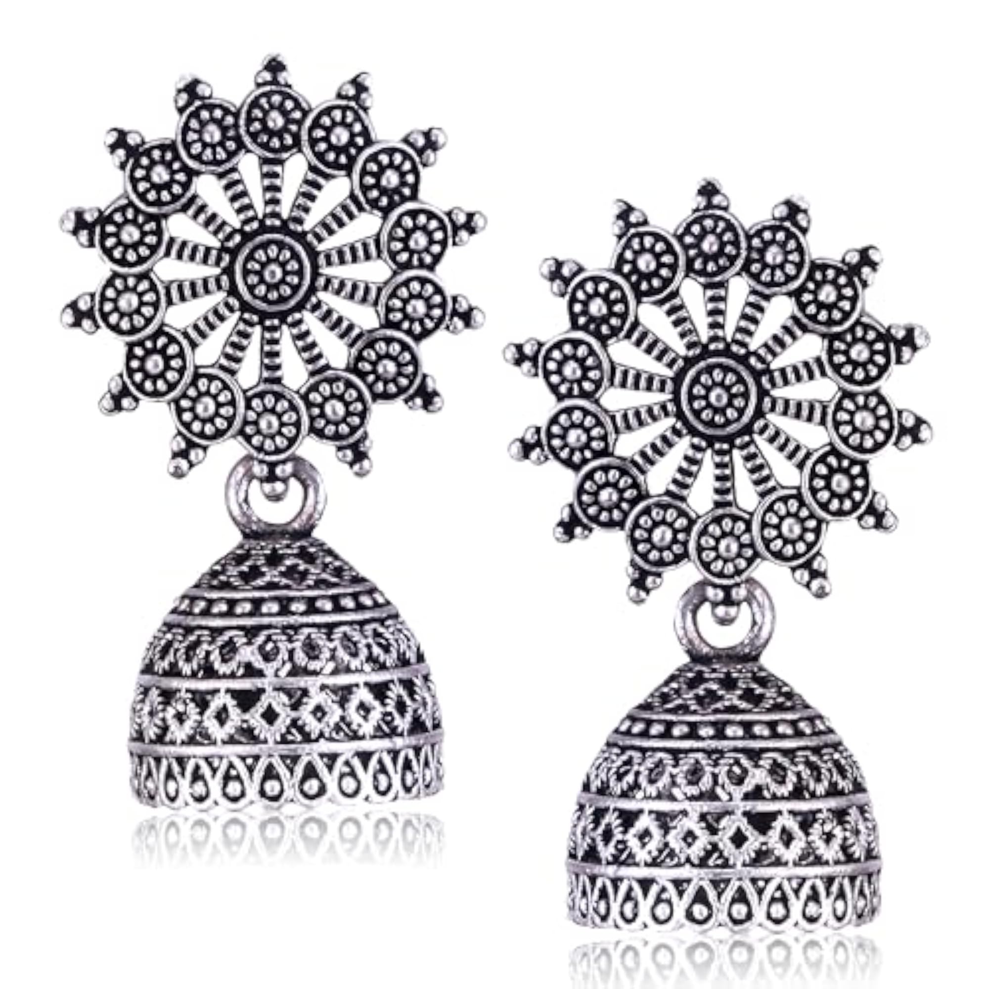 Women's Oxidised Silver Stylish Jhumka Earrings with Pearl Accents
